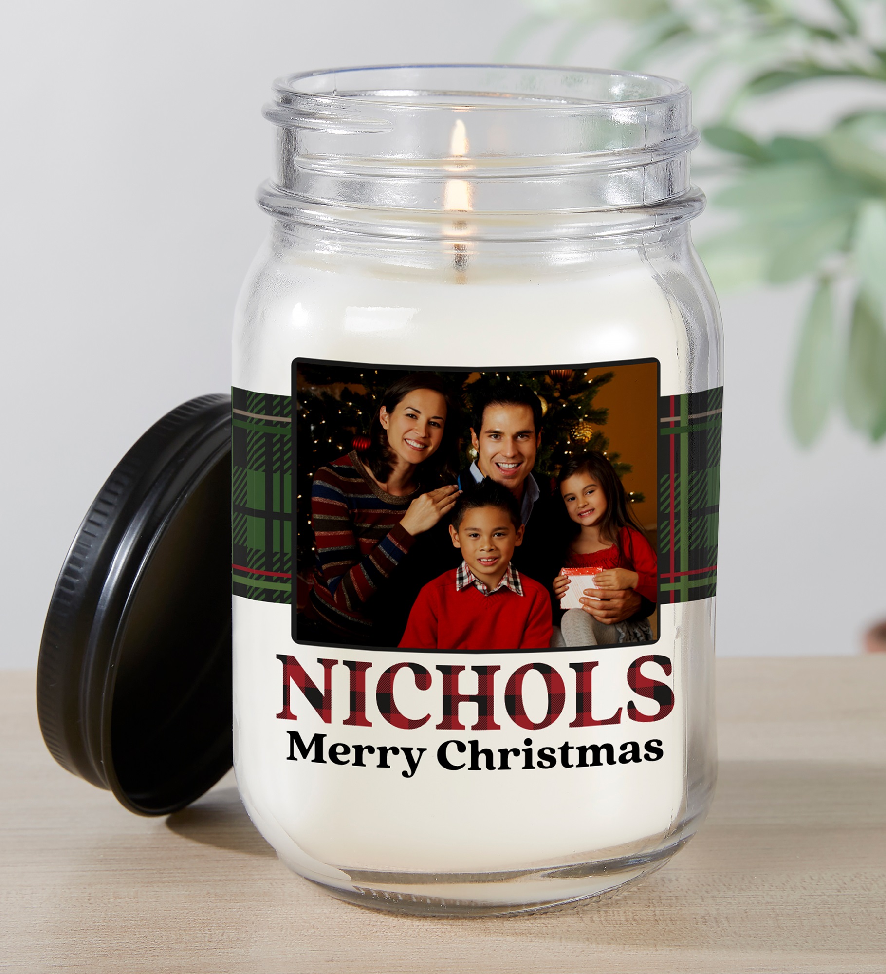 Plaid & Print Personalized Christmas Photo Candle Jar